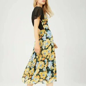 Club Monaco Size 4 Black Yellow Coran Floral Flutter-Sleeve Midi Dress NEW!